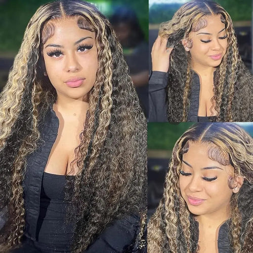 Vlusee 13x6 Deep Wave Lace Front Wigs Human Hair Fb/27 Ombre Blonde Lace Front Wig Human Hair Pre Plucked 13x6 HD Full Lace Frontal Curly Human Hair Glueless Wig for Women 24 Inch